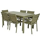 Juego de mesa con 6 sillas de jardín de exterior de aluminio extensible de 160 cm a 240 cm con parte superior de láminas de aluminio con textil acolchado (Tortora)