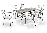 Gruppo Maruccia - Mesa y sillas de jardín con mosaico artesanal de cerámica - 1 mesa rectangular - 2 sillones y 4 sillas con cojines