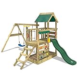 WICKEY Parque Infantil de Madera TurboFlyer con Columpio y tobogán Verde, Torre de Escalada de Exterior con arenero y Escalera para niños