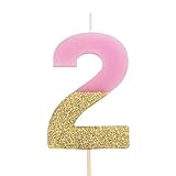 Velas de cumpleaños con números 0 1 2 3 4 5 6 7 8 9 de color rosa y glitter oro. Niña (Número 2)