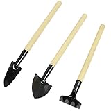 codomoxo - 3 herramientas pequeñas de jardinería en maceta (rastrillo y dos palas), de metal, con mangos de madera, para niños