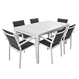 Juego de mesa con 6 sillas de jardín de exterior de aluminio extensible de 160 cm a 240 cm con parte superior de láminas de aluminio con textil acolchado (blanco)