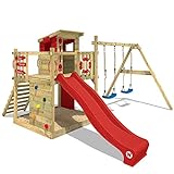 WICKEY Parque Infantil de Madera Smart Camp con Columpio y tobogán Rojo, Casa de Juegos de jardín con arenero y Escalera para niños